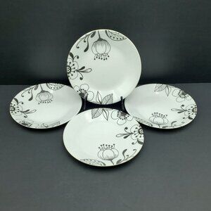 Corelle Inked Poppy Appetizer Dessert Plates Corning Floral Noir Black Flowers